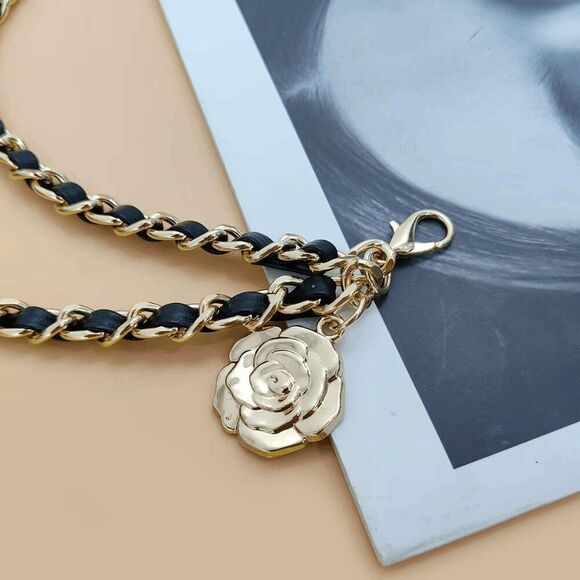 NEW Gold Black Rose Camellia Flower Charms Interwoven Chain Belt - Picture 10 of 14